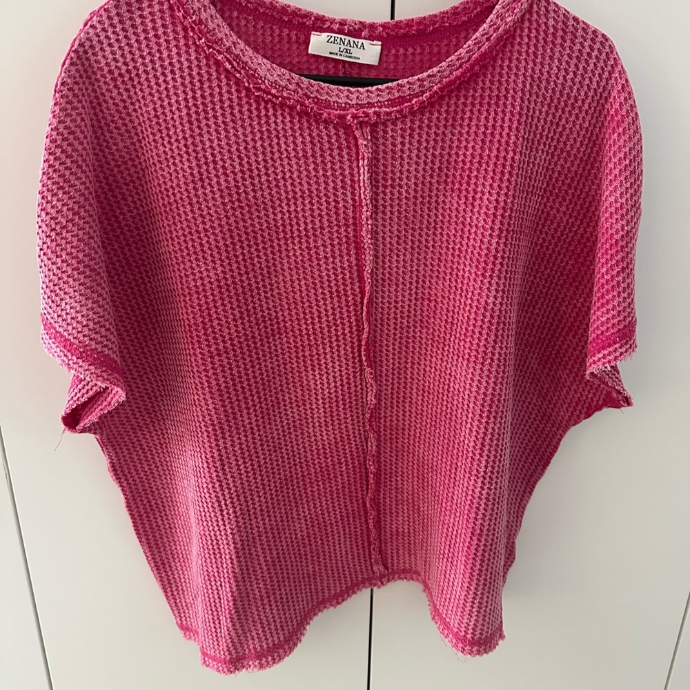 Zenana Pink Exposed Seam Waffle Top L/XL